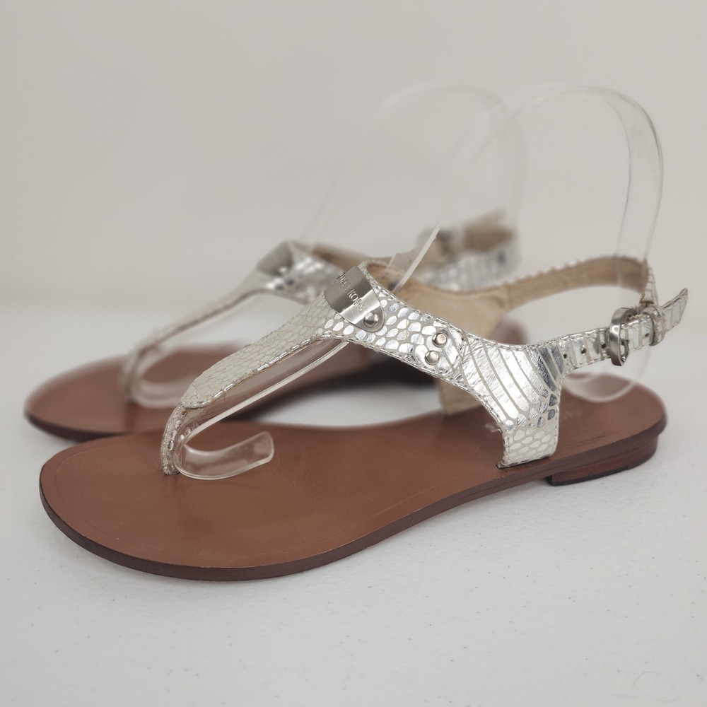 Michael Kors Silver Metallic Plate Logo Thong Sandals 6 Snake Serpentine Leather